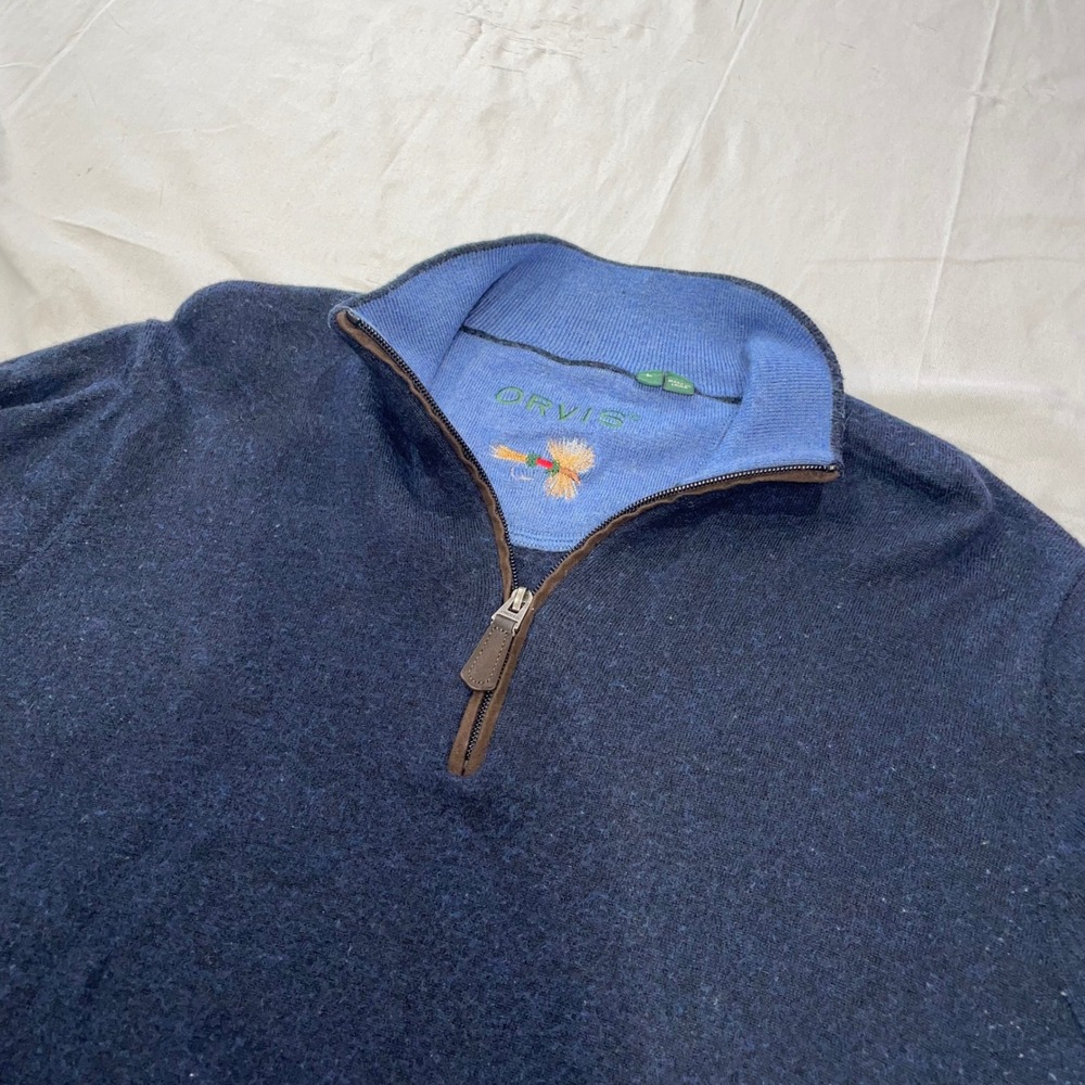 Orvis Mens Quarter Zip Sweater Navy Blue Fly Fishing Lure Mock Neck 28RZ L